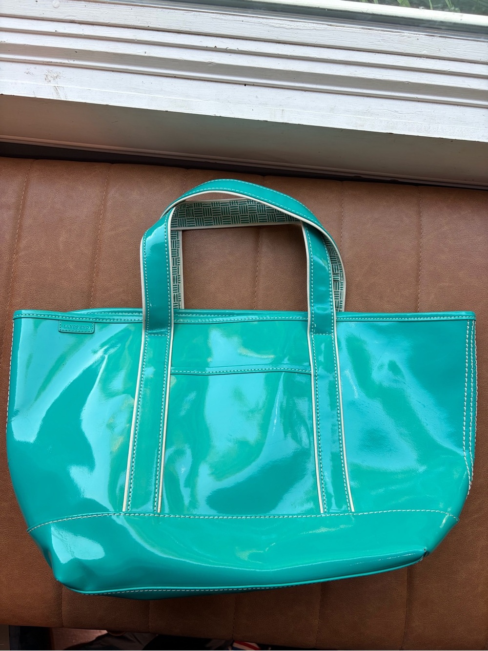 Lands' End Patent Leather Green Shopper Beach Tote Bag